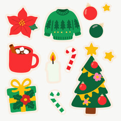 Christmas ornament and decoration set, illustration, green sweater, candle, painting