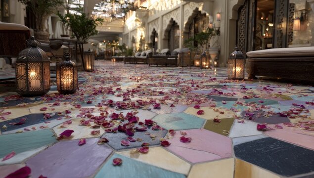 Rose petals carpet a patterned patio