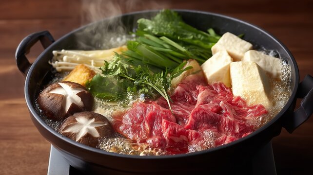sukiyaki beef nabe with vegetables and tofu
