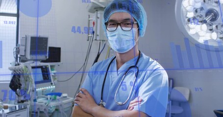 surgeon monitoring vitals in OR as animated charts fading in shifting values camera pushing closer - Powered by Adobe