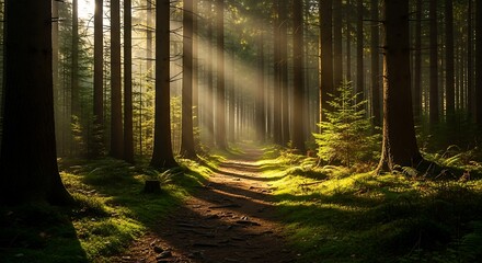 Obraz premium Forest path with sunlight.