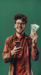 Smiling young man with glasses holding mobile phone and dollar bills while expressing excitement. Modern portrait representing personal finance success, digital rewards, and joyful achievement.