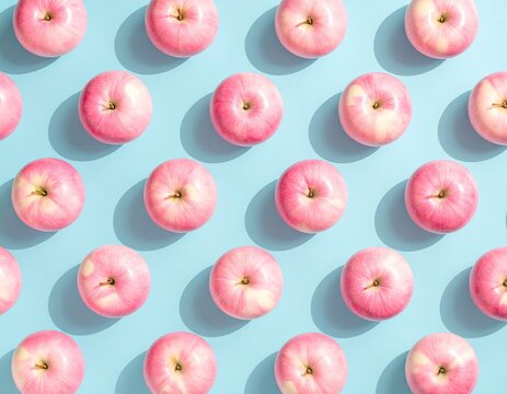 Pink apples arranged in a grid pattern on a light blue surface (1)