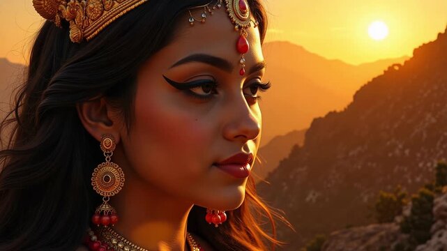 Divine Parvati Face Close-Up Video: Glowing Mountain Sunrise, Unreal Beauty, Spiritual Connection, Hindu Goddess, Serene, Peaceful, 4K Video Footage