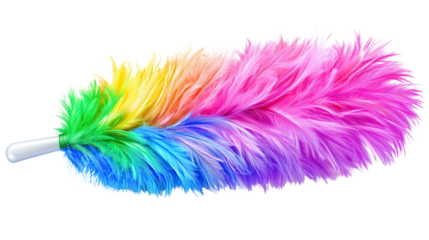 isolated transparent Colorful feather duster, rainbow cleaning feather brush, household cleaning tool with vibrant soft feathers, Decorative household tools, Rainbow cleaning accessories