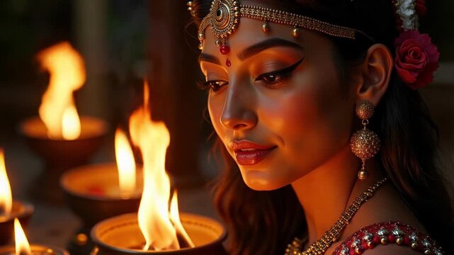 Sacred Goddess Parvati Close Up with Divine Fire Altar in Stunning 4K Video Footage for Spiritual and Religious Projects, Perfect for Devotional Content