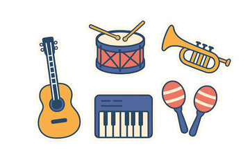 Obraz premium Colorful musical instruments: acoustic guitar, snare drum, brass trumpet, electronic keyboard, maracas in playful flat design