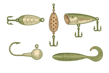 Assortment of fishing lures and hooks for angling sport and recreational fishing equipment and tackle designs