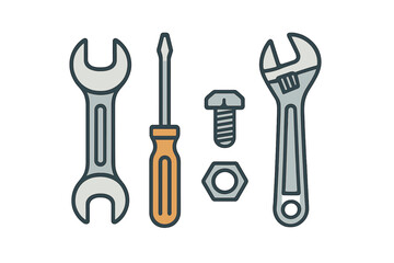 Essential hand tools and hardware items including wrenches, screwdriver, bolt, and nut for various repair and maintenance tasks