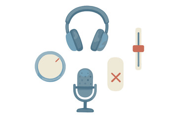 Modern collection of audio recording and listening equipment icons featuring various volume controls and a mute button for sound management and playback interface