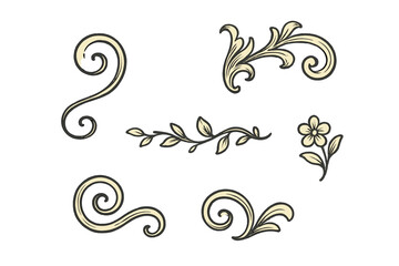Assortment of elegant decorative flourishes, ornate scrolls, and a delicate floral design element for various graphic projects and embellishments