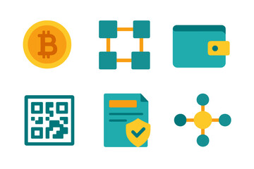 Collection of cryptocurrency blockchain digital wallet QR code security network icons representing modern financial technology and secure digital transactions