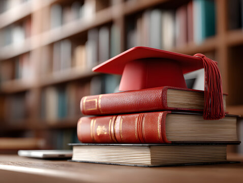 Laptop, books, and graduation cap icon in library setting for back to school online learning