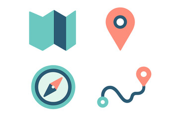 Essential navigation and travel icons featuring a folded map, compass, location pin, and winding route path