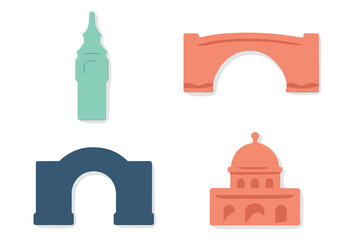 Stylized architectural landmarks and famous travel destination icons in a modern paper cut style with subtle shadow effects