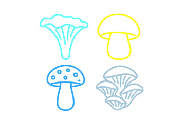 Diverse set of stylized mushroom outlines featuring various shapes and colors for nature and culinary designs