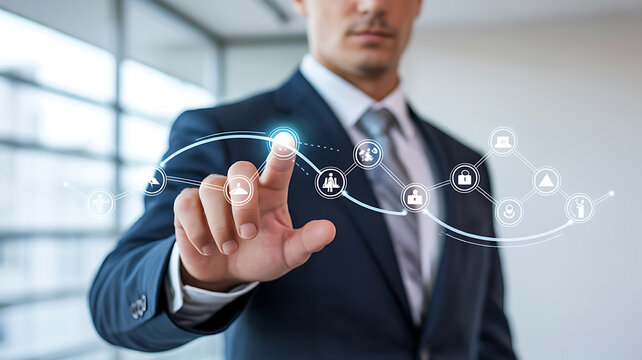 Businessman interacting with a futuristic digital interface and network connections
