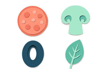 Stylized paper craft food ingredients set featuring pepperoni, mushroom, olive, and spinach leaf for culinary designs