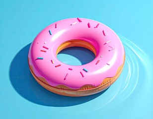 Pink donut inflatable ring on light blue water