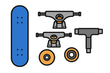 Essential skateboard components set featuring deck, trucks, wheels, and T-tool for assembly and maintenance tasks