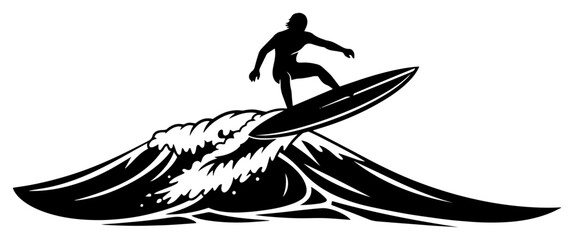 Surfer carving across cresting ocean wave in dynamic silhouette – bold adventure sports icon vector design