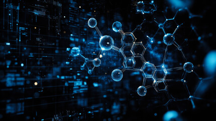 Exploring futuristic technology with abstract molecular structures and digital patterns in a dark environment