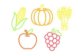 Assortment of brightly colored outline autumn harvest produce including corn pumpkin wheat apple and grapes