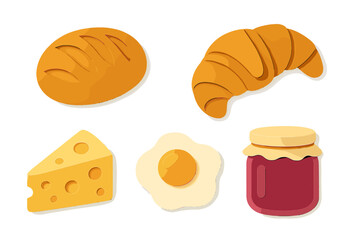 Delicious breakfast food items including fresh bread, golden croissant, yellow cheese, sunny side up egg, and sweet jam in a modern paper cut style