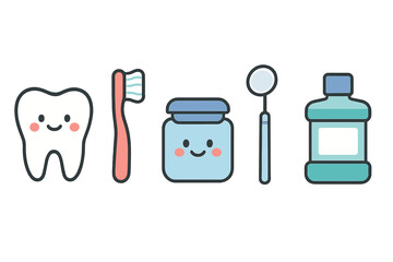 Cute dental hygiene tools set with happy tooth, toothbrush, dental floss, mirror, and mouthwash for oral health