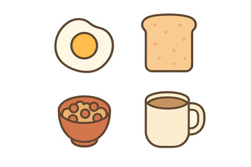 Assortment of classic breakfast food and beverage featuring a sunny side up egg, slice of toast, bowl of cereal, and a hot cup of coffee