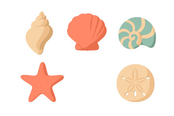 Collection of stylized marine life elements including various seashells, a starfish, and a sand dollar in soft pastel colors