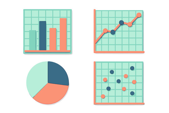 Comprehensive collection of business data visualization charts with bar graph, line graph, pie chart, and scatter plot elements