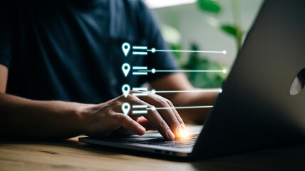 Person typing on laptop with digital location pins and lines connecting to data