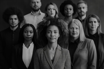 A determined group of professionals is captured in monochrome strength and unity. Their serious expressions reflect resilience, leadership, and collective resolve.