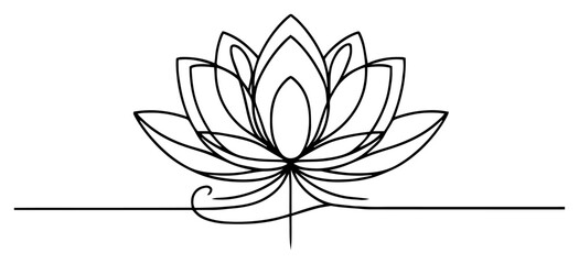 Continuous-line lotus bloom rising from calm water – elegant zen yoga emblem illustration