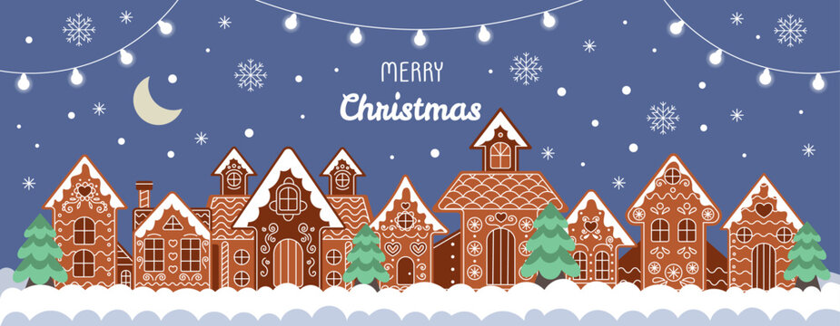 Christmas gingerbread house. Village winter landscape with snow. Cute New Year background. Holiday panorama with cookie, bread dessert. Banner design. Greeting card sweet. Vector tidy decoration