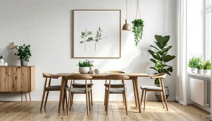 Light, airy dining room with wooden accents and greenery