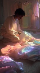 Person Folding Laundry in Warm Light