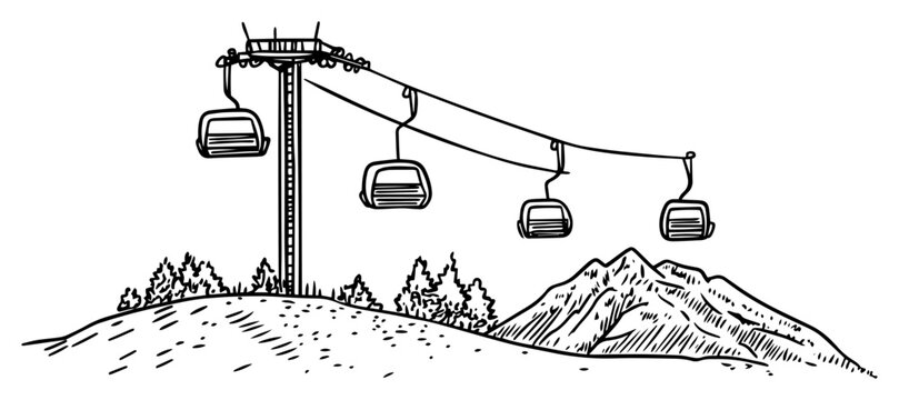 Mountain cable car gondolas gliding above alpine slopes and pine ridge &ndash; scenic ski-lift line-art illustration