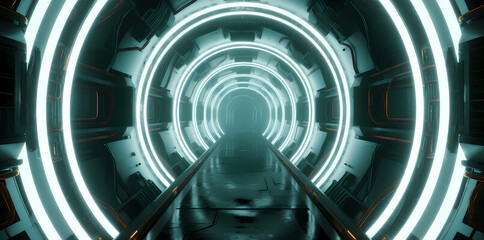 Futuristic illuminated tunnel with concentric neon rings and symmetrical design