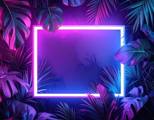 Neon rectangle framed by tropical leaves