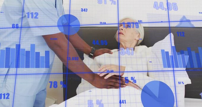Nurse entering hospital room adjusting stethoscope, palpating abdomen and monitoring vitals