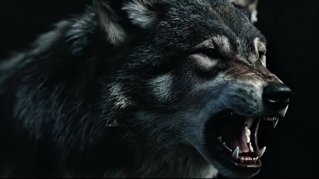 A wolf with fierce eyes and sharp teeth growls, displaying the wolf's intimidating teeth in a wild setting. The wolf's fur bristles as the wolf prepares to attack or defend.