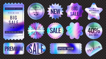 Sticker hologram. Sale label. Gradient holographic foil badge. New offer stamp. Discount tag. Neon texture shape. Iridescent retro paper. Marketing icon. Quality emblem. Vector techno shiny logo set