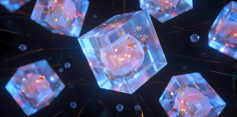 Floating transparent cubes with glowing internal structures and particles in a dark space