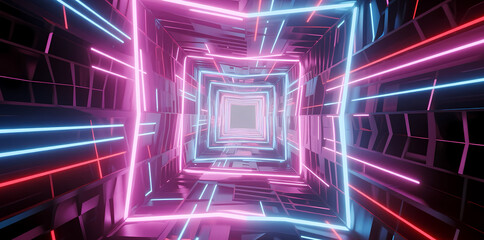 Neon-lit futuristic tunnel with glowing pink and blue lines forming a recursive square pattern
