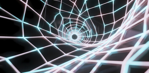 Neon grid tunnel with glowing geometric lines forming a futuristic corridor