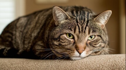 upholstery. Adorable tabby cat curled up on neutral-toned fabric, bathed in soft window light