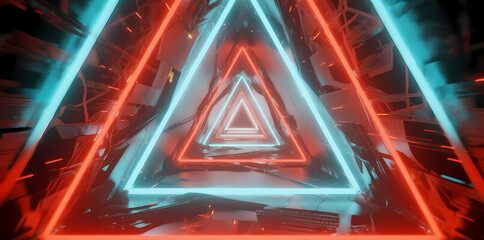 Neon triangular tunnel with glowing red and blue lights creating a futuristic, infinite corridor effect
