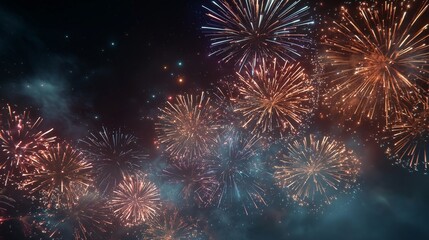 Fototapeta premium Fireworks burst in the night sky, filling the sky with fireworks and shimmering light. Vibrant fireworks illuminate the darkness, creating patterns across the sky.